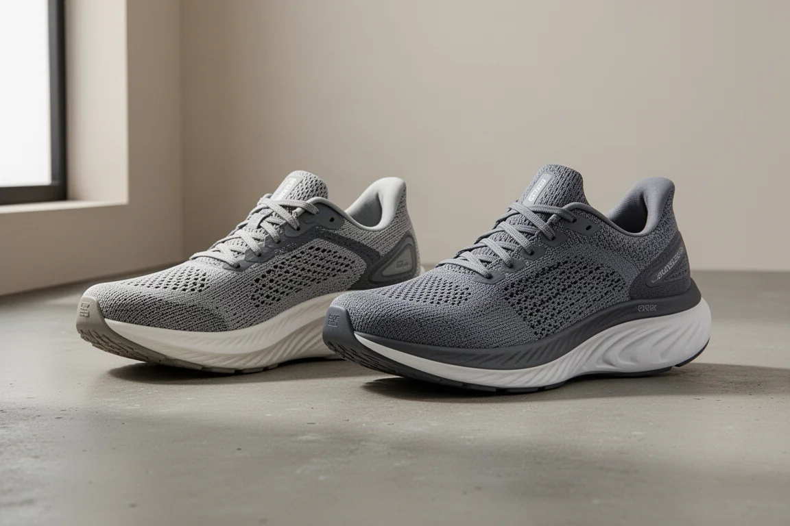 Two versions of a max-stack rocker running shoe side by side on concrete