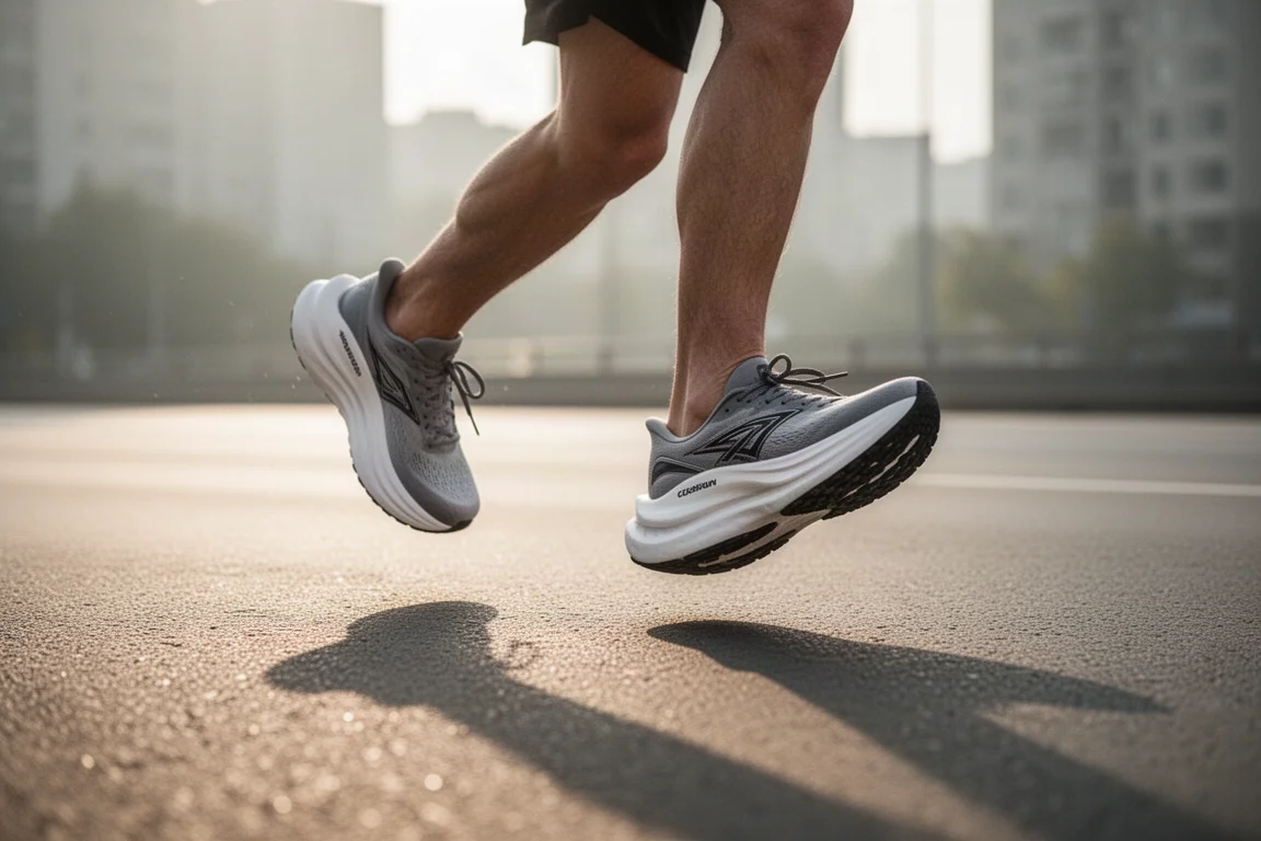 Corredor aterrizando sobre asfalto blando con zapatillas de running de gran amortiguación durante una tirada suave matutina