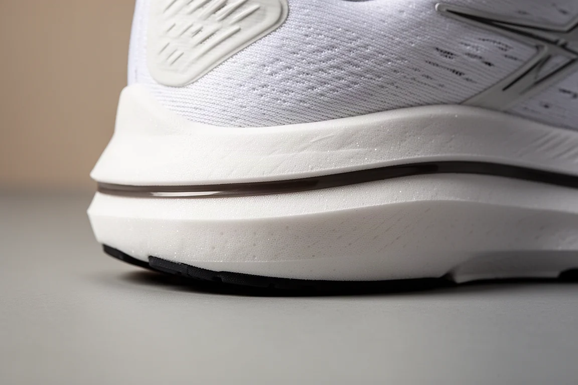 Primer plano de la mediasuela de una zapatilla de running que muestra una construcción de espuma por capas