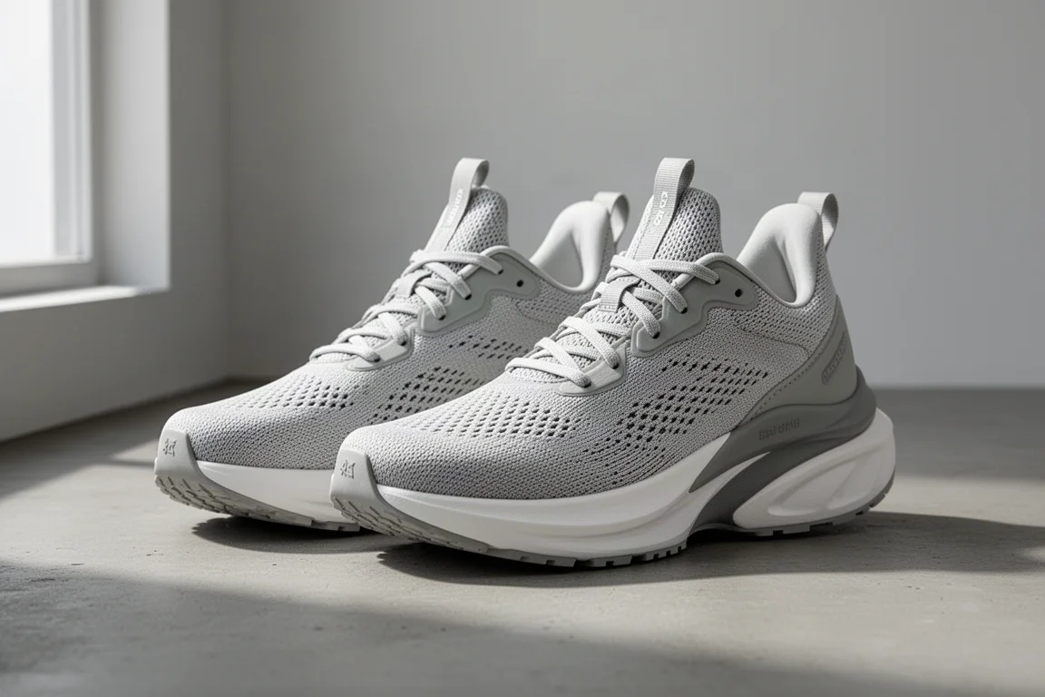 Pair of tall max-cushion running shoes on a concrete surface