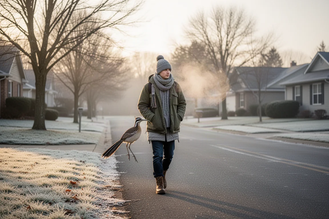 Runner cruising along a frosty suburban road in soft winter morning light