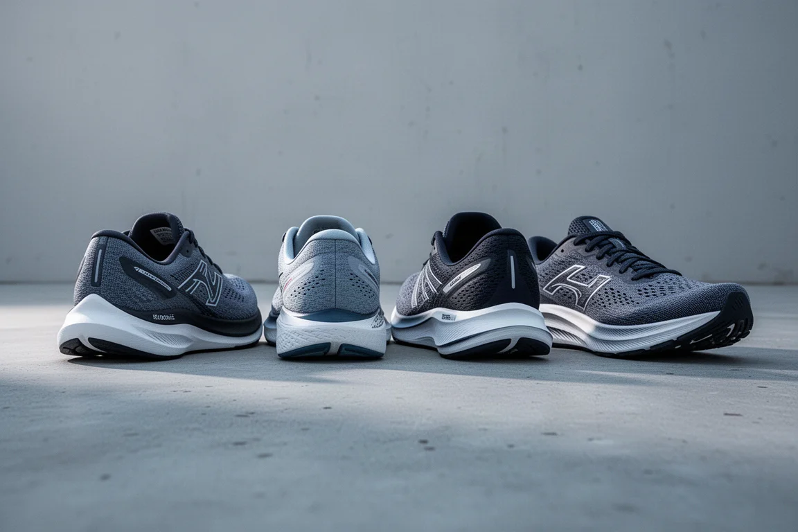 Running shoes lined up on a concrete surface in cold winter light