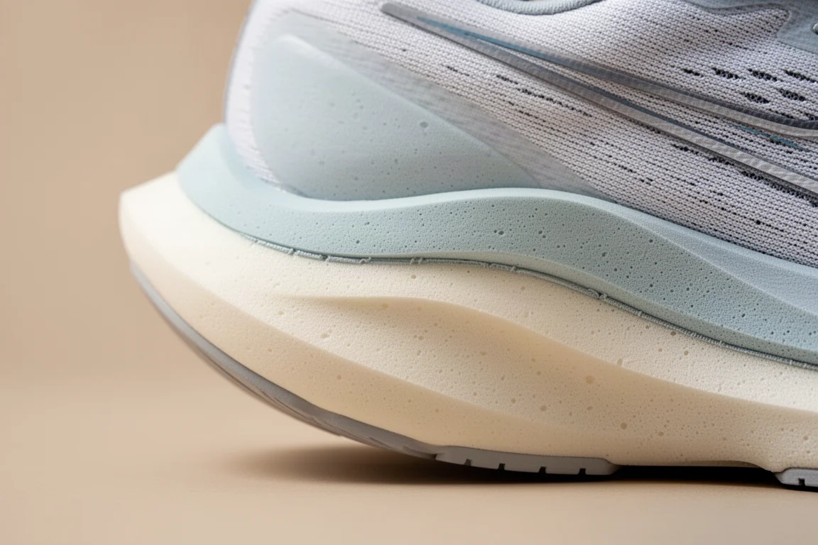 Close-up of a thick midsole rocker on a max-cushioned running shoe