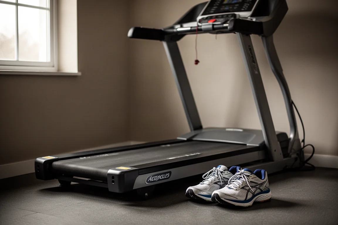 Treadmill in a dim home gym with soft light and running shoes nearby