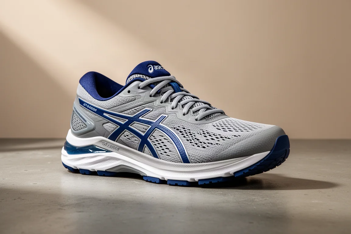 Asics GT-1000 6 stability running shoe in grey and blue on concrete surface