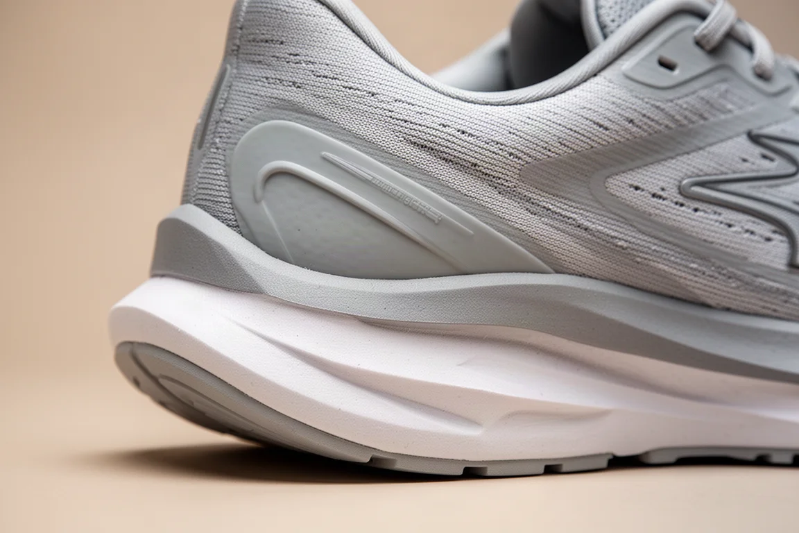 Close-up of a running shoe midsole showing guidance sidewalls and foam