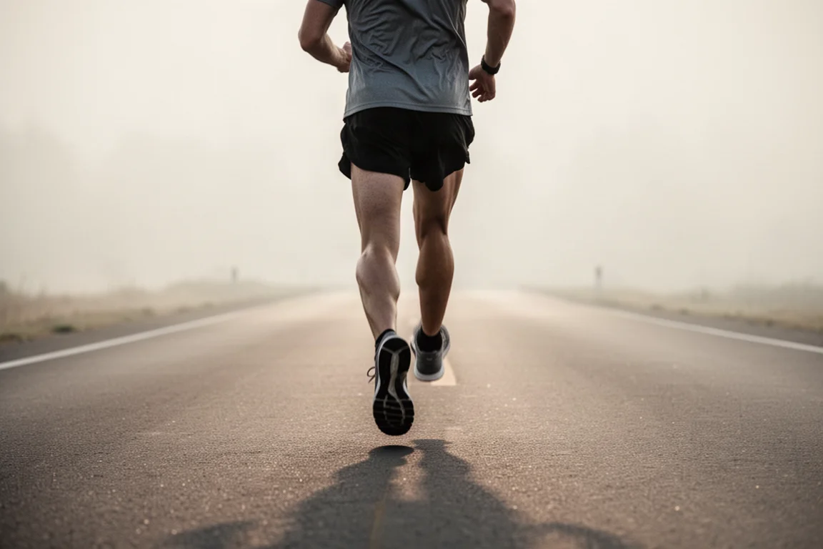 Runner in motion on an open road during soft morning light