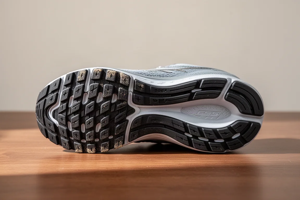 Running shoe outsole tread showing minimal wear after many miles