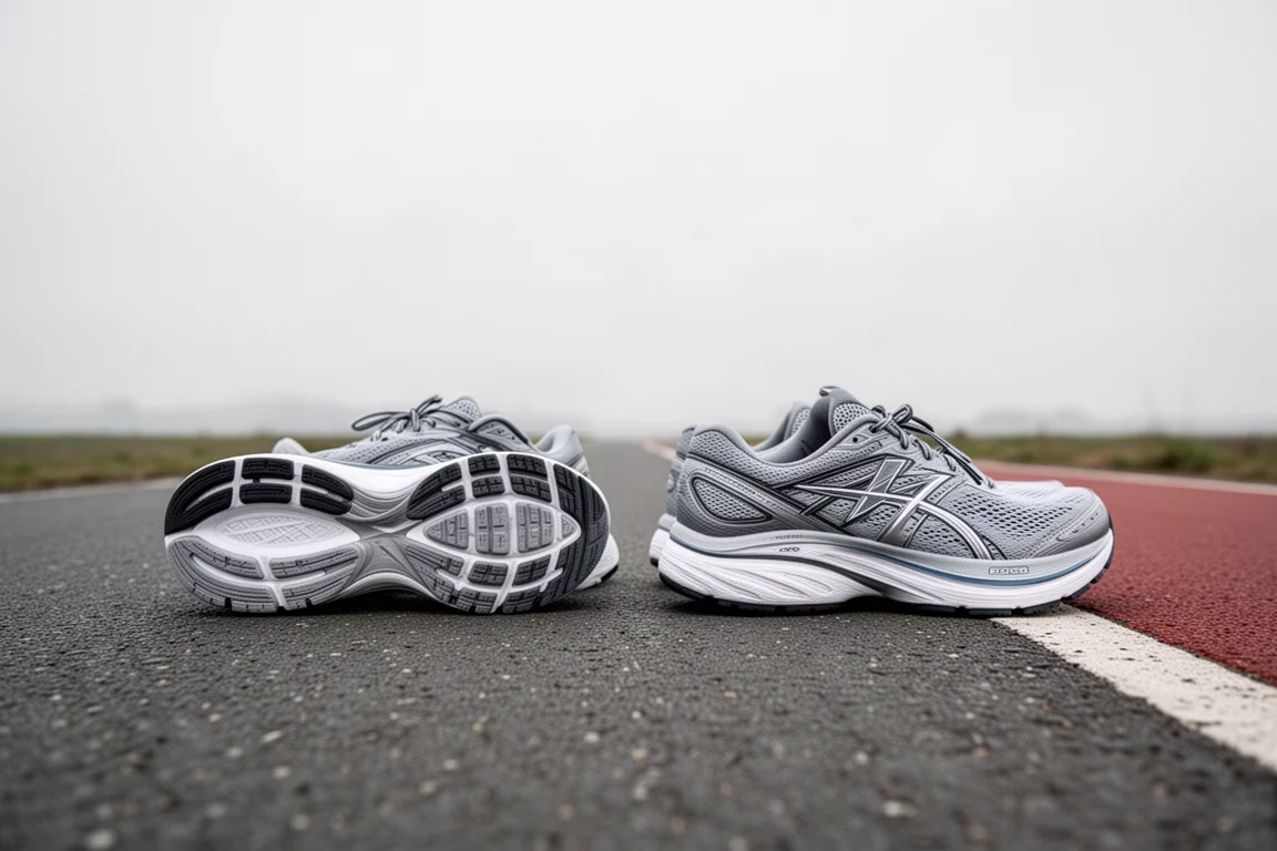 Twee hardloopschoenen naast elkaar op een weg met zichtbare slijtage van de buitenzool
