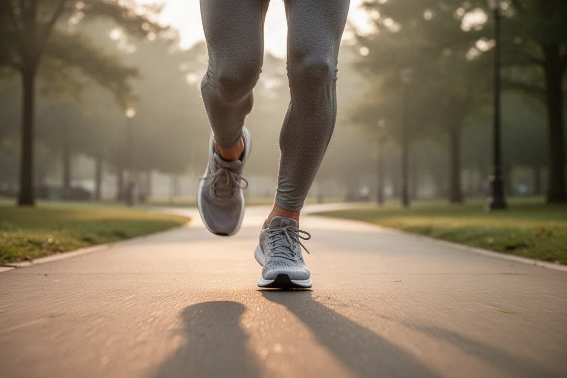 Läuferfüße auf einem asphaltierten Weg beim lockeren Morgenlauf