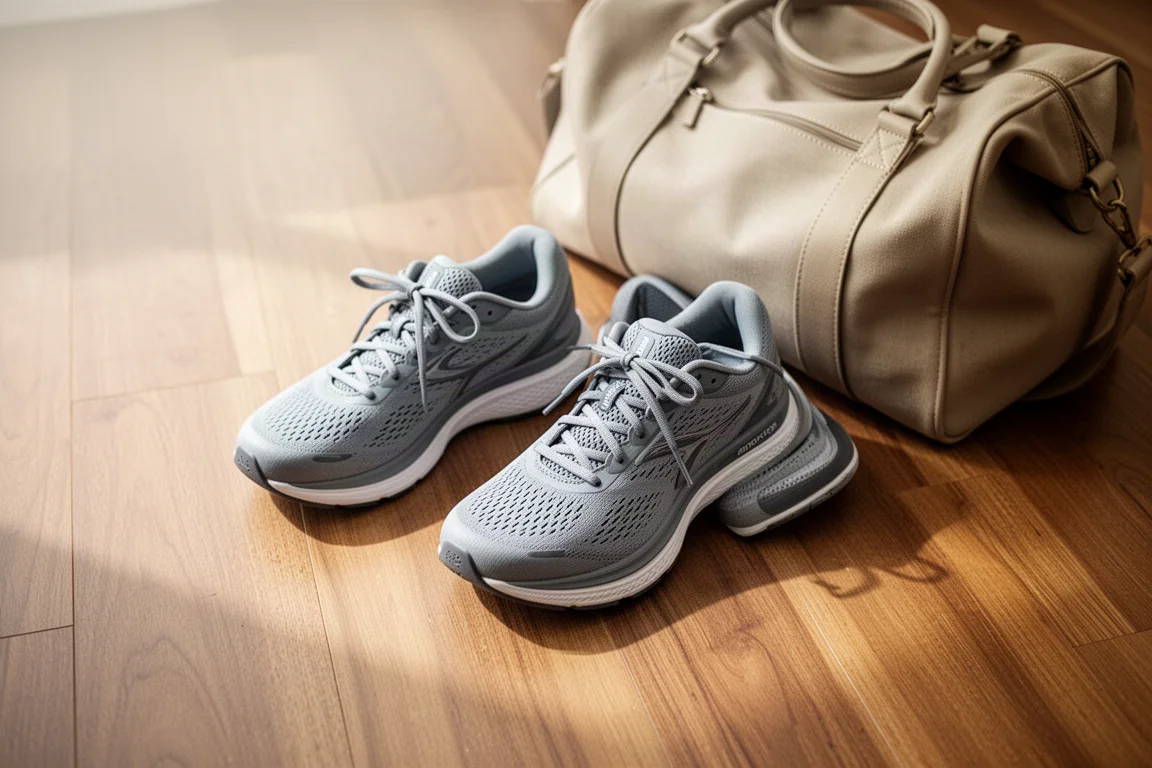 Paar Laufschuhe auf einem Holzfußboden neben einer Sporttasche