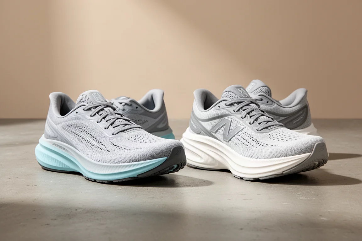 Two stability running shoes side by side on a matte concrete surface