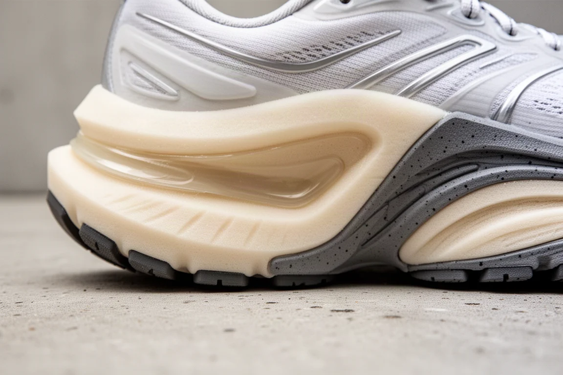 Nahaufnahme einer Laufschuh-Mittelsohle mit weicher Schaumstoff-Unterstützung im Mittelfuß