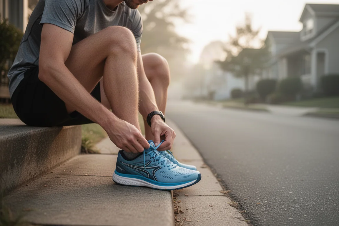 Läufer schnürt vor einem Lauf am frühen Morgen einen Laufschuh auf einer Haustürschwelle