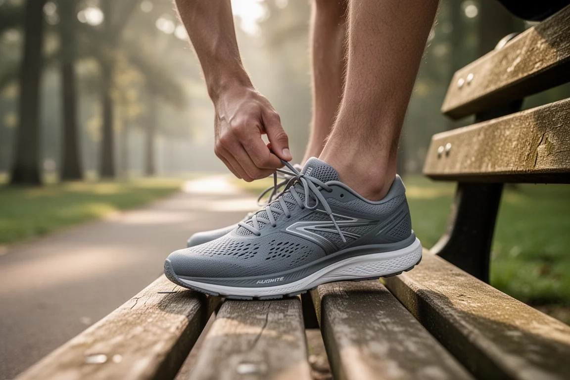 Coureur nouant les lacets d'une chaussure de running stabilisatrice avant une sortie facile