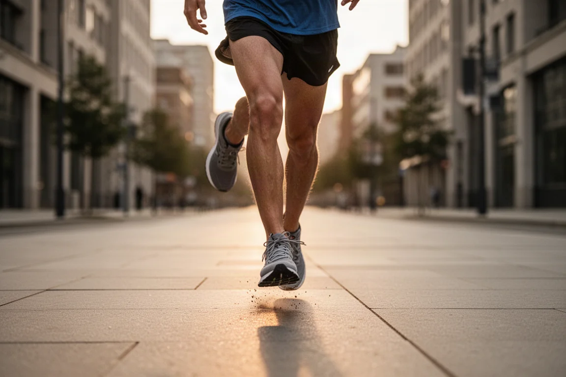 Coureur posant du milieu du pied sur du bitume lisse lors d'une sortie facile