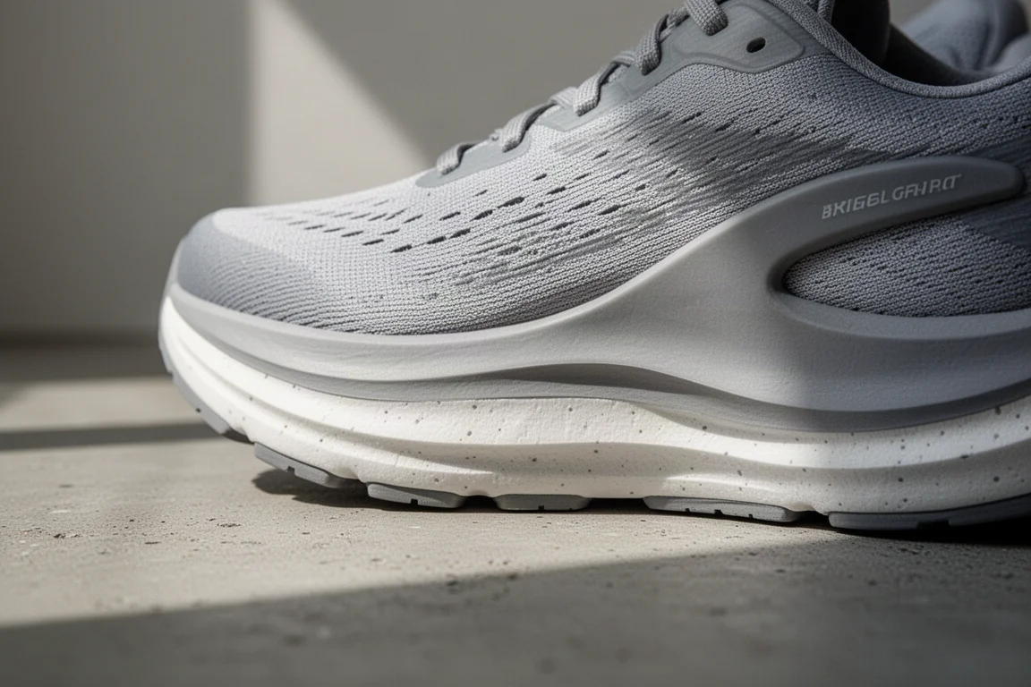 Gros plan sur la semelle intermédiaire d'une chaussure de running montrant la géométrie des flancs de soutien