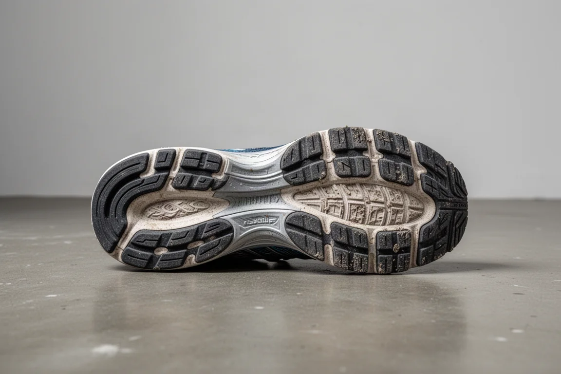 Semelle extérieure usée d'une chaussure de running posée sur le sol d'un garage