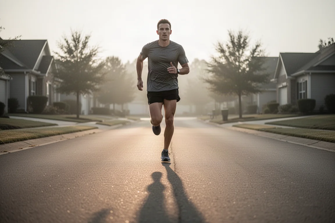 Runner walking along a quiet suburban road in early morning light