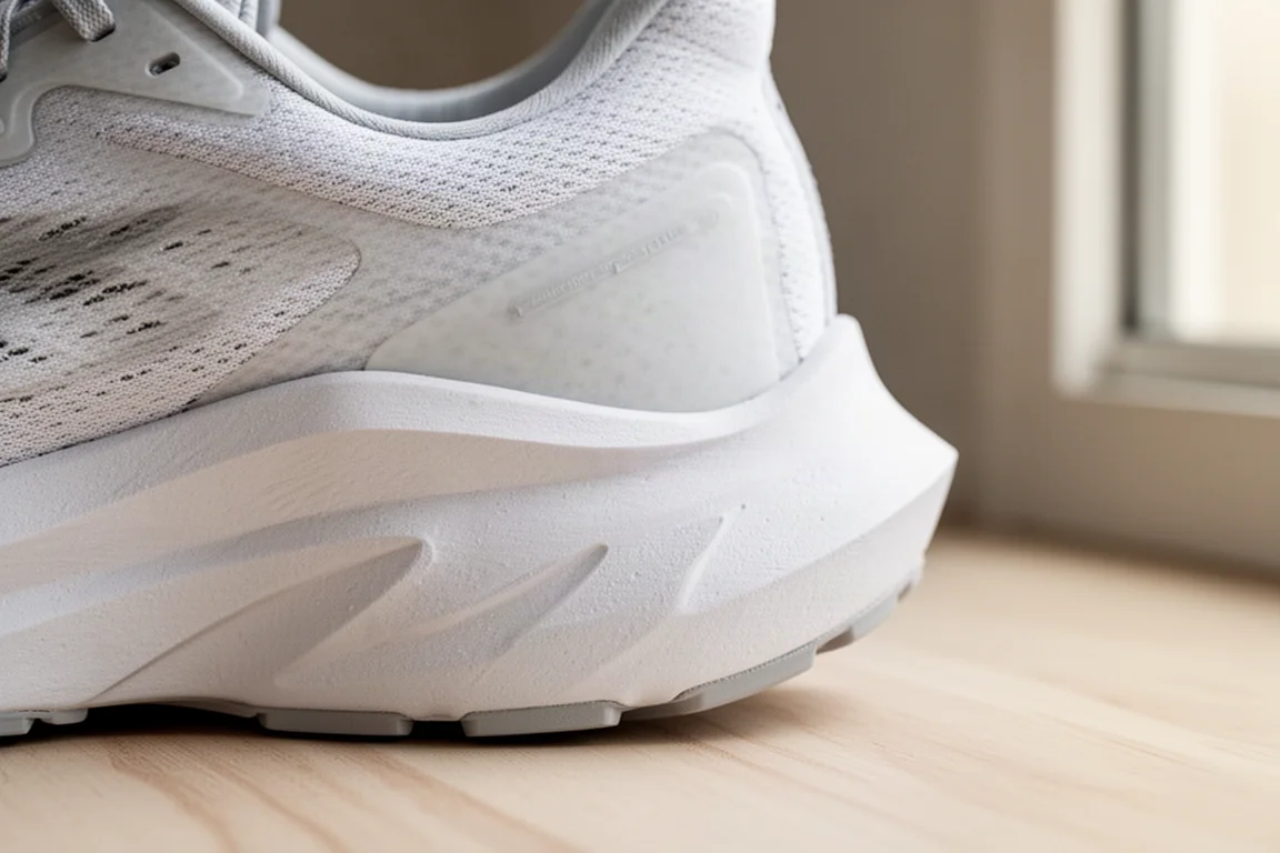 Close-up of a running shoe midsole showing thick foam and a flared heel