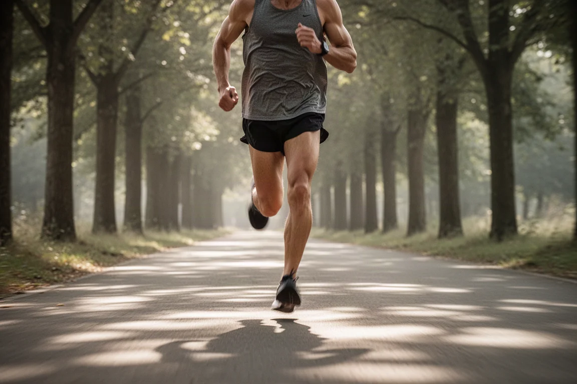 Runner picking up the pace on a paved path between trees