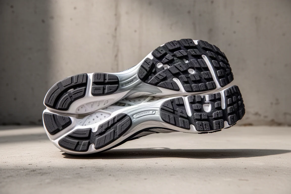 Close-up of a durable rubber outsole on a running shoe