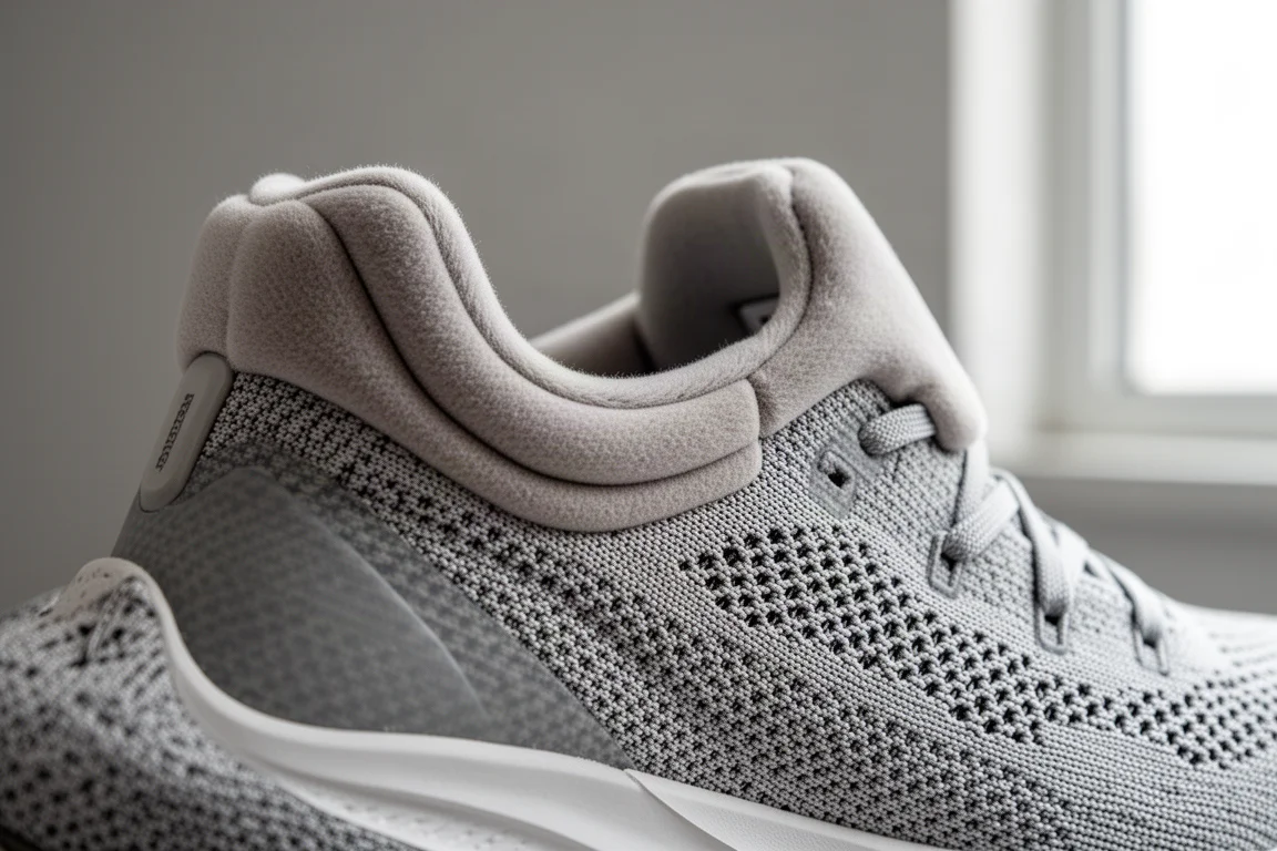 Primer plano de un empeine tejido de zapatilla de running y un collar acolchado del talón sobre un fondo neutro