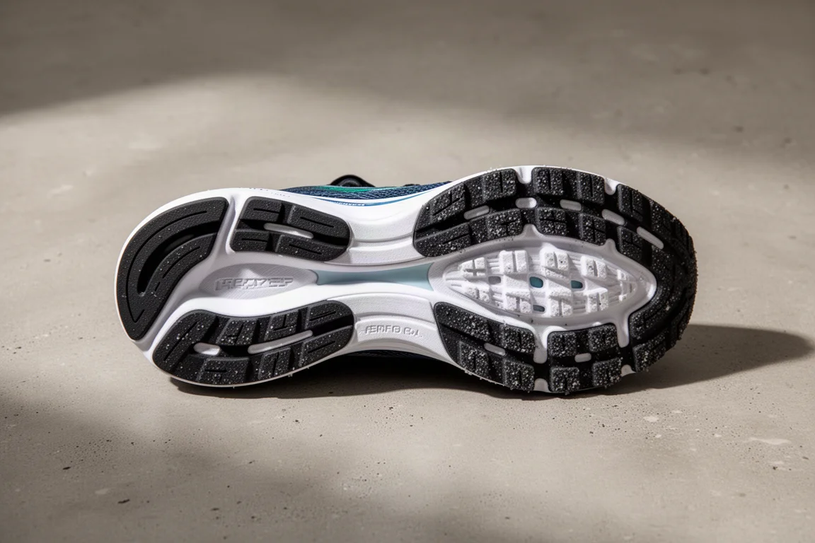 Suela de goma duradera de una zapatilla de running con tacones de bandurria gruesos
