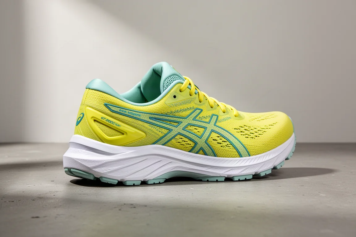 ASICS GT-2000 V15 running shoe in yellow and teal on a concrete surface