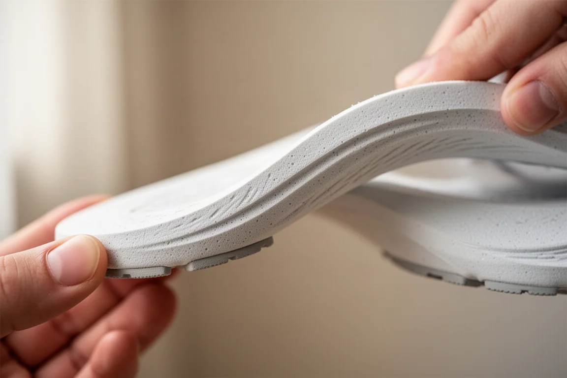 Primo piano di una intersuola sottile e flessibile sulla scarpa di un corridore