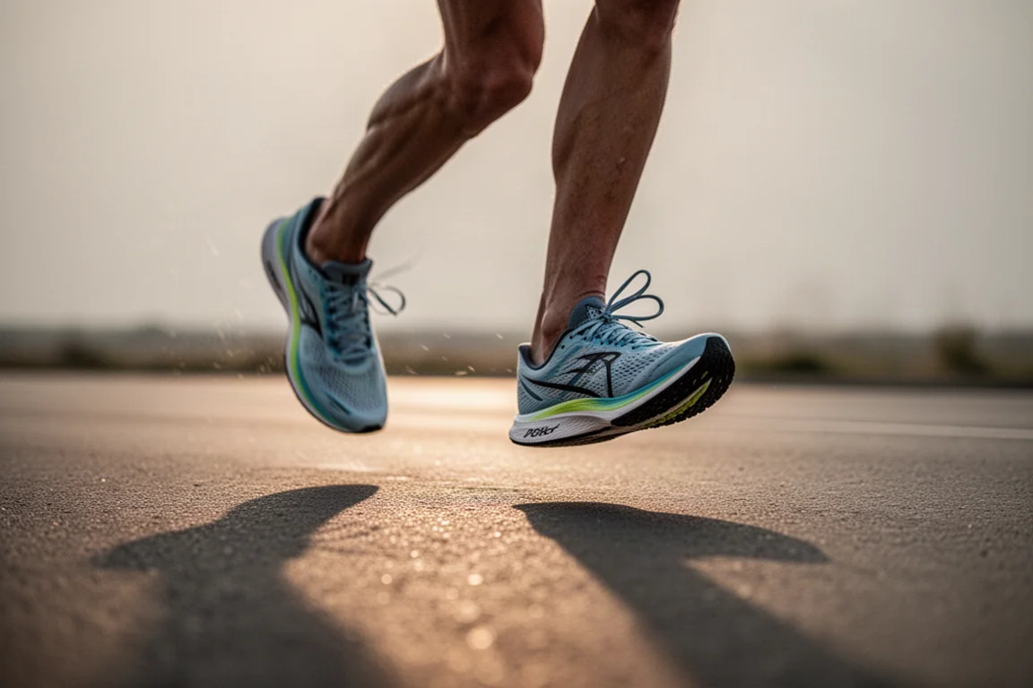 Runner's feet mid-stride on a paved road during a tempo run