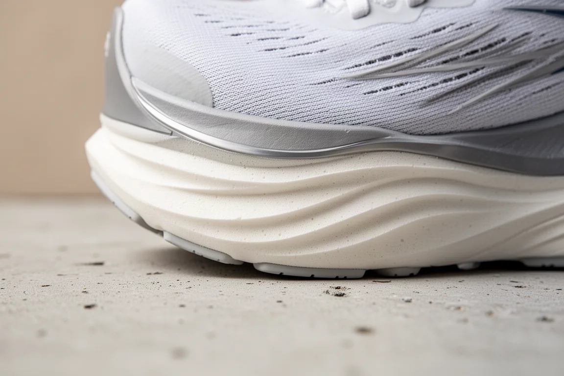 Close-up of the curved midsole and heel bevel of a running shoe