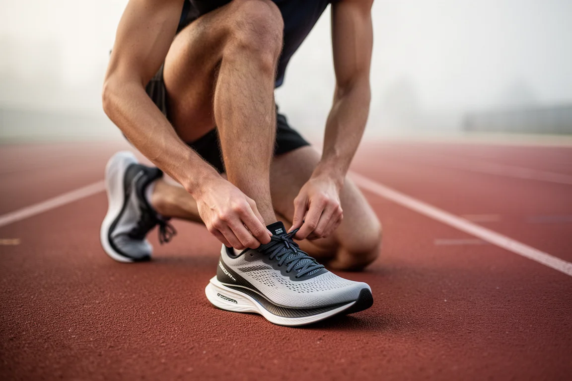 Un coureur attache les lacets d'une chaussure de running légère sur une piste