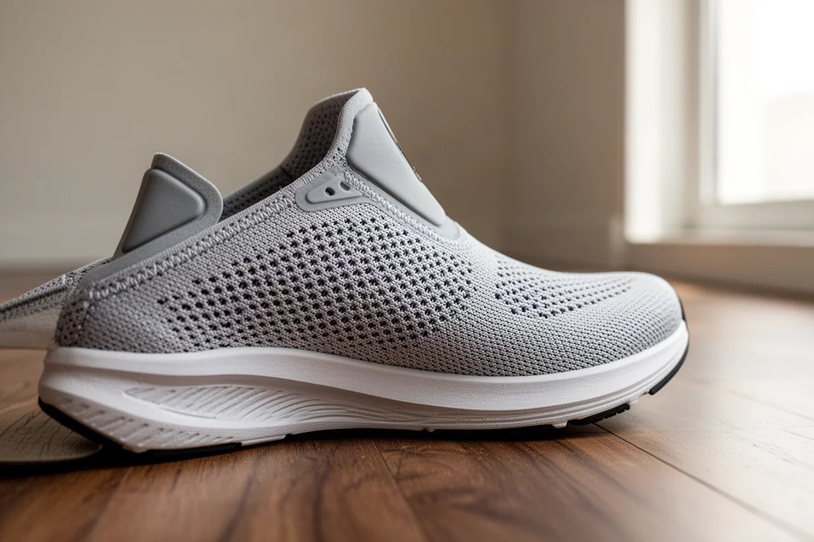 Gros plan sur la tige d'une chaussure de running à l'ajustement ajusté en mesh technique