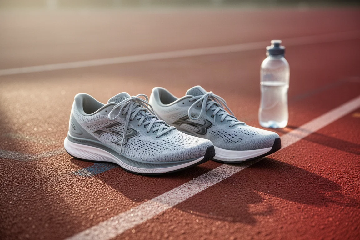 Chaussures de running posées à côté d'une couloir de piste après un entraînement