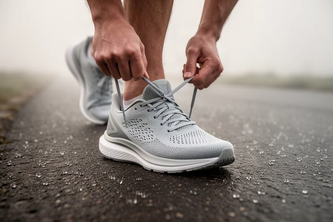 Coureur attachant les lacets d'une chaussure d'entraînement à plaque au début d'une séance de tempo