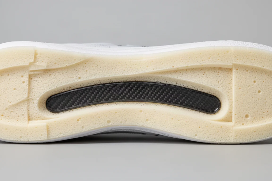 Gros plan sur une plaque en carbone et TPU à l'intérieur de la semelle intermédiaire d'une chaussure de running