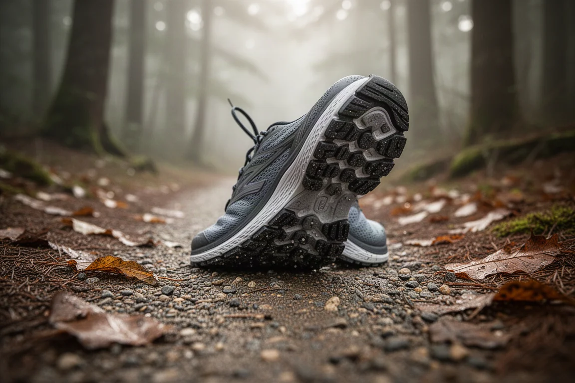 Chaussure de running avec semelle extérieure en caoutchouc épais sur un sentier forestier humide