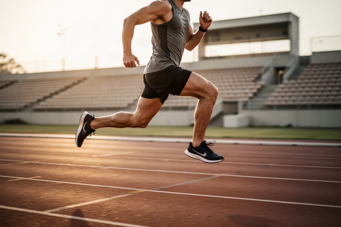Coureur effectuant des répétitions rapides sur une piste d'athlétisme extérieure