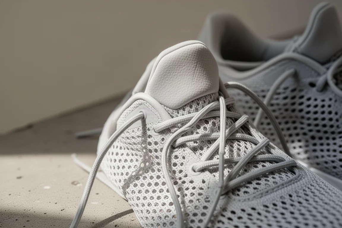 Gros plan sur la tige d'une chaussure de running performante et légère, montrant la texture respirante du mesh