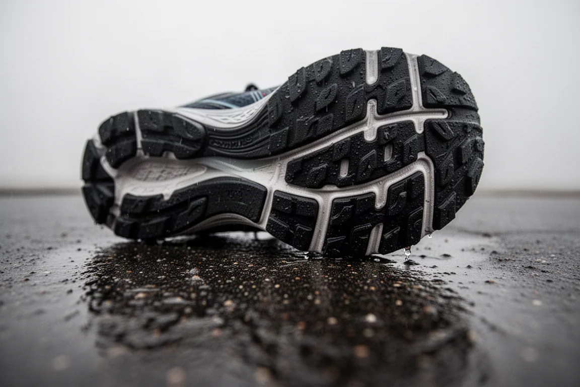 Semelle extérieure en caoutchouc d'une chaussure de running posée sur un trottoir mouillé après la pluie