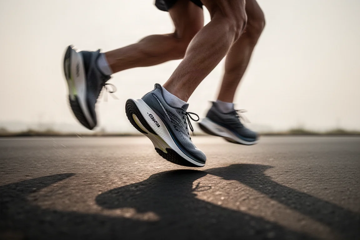 Runner's feet striking tarmac in a carbon-plated trainer during a fast interval session