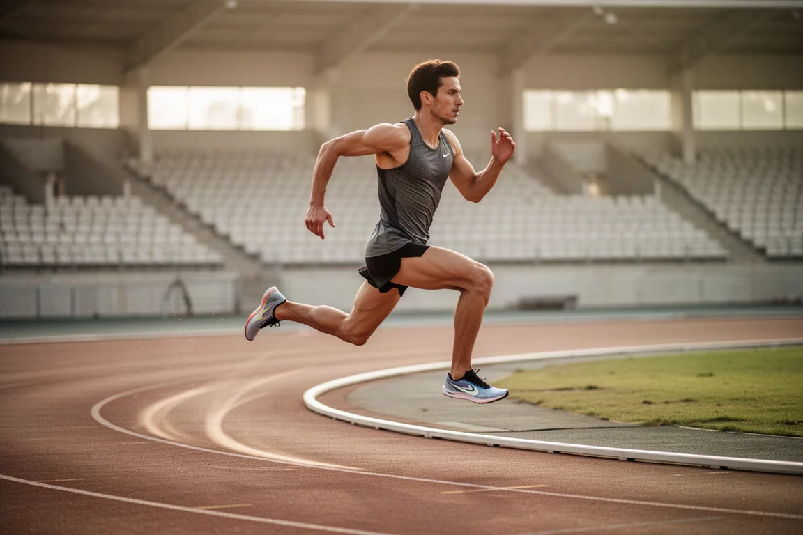 Runner accelerating on a track during short repeats in lightweight racing shoes