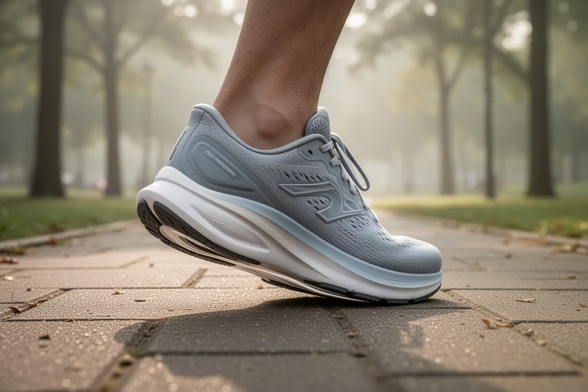 Cushioned trainer landing on a paved path during an easy-paced run
