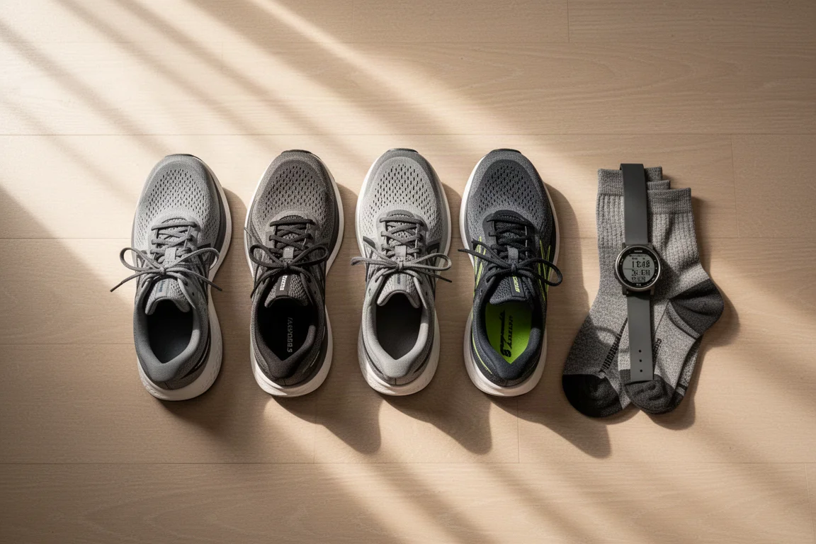 Three running shoes lined up on a wooden floor as part of a training rotation