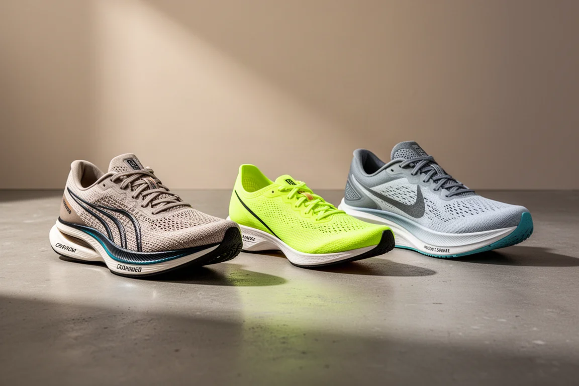 Tre scarpe da running allineate su una superficie di cemento per una recensione comparativa