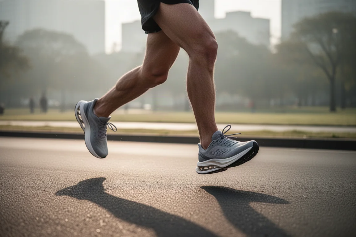 Corredor em plena passada no asfalto com tênis de corrida leves