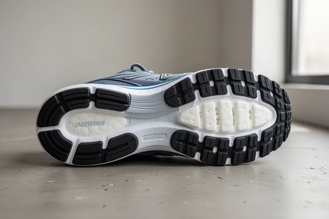Primer plano de la mediasuela de doble densidad y la suela de goma gruesa de una zapatilla de running