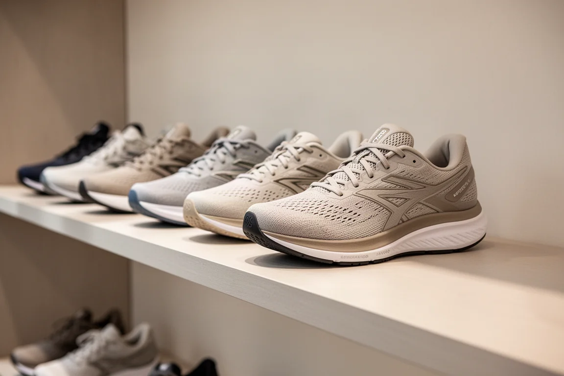 Etiquetas de precio y descuentos de zapatillas de running expuestas en un escaparate