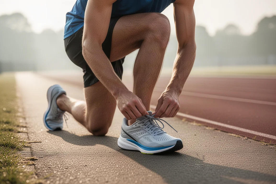 Runner lacing up a plated tempo running shoe before a fast training session